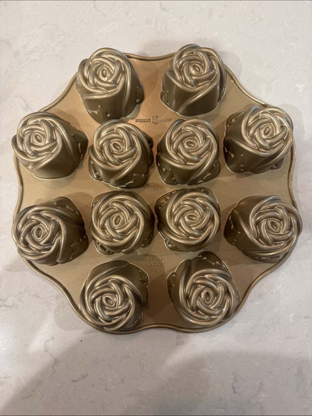 Nordic Ware Rose-Shaped 12-Cup Nonstick Cakelet Pan - Gold